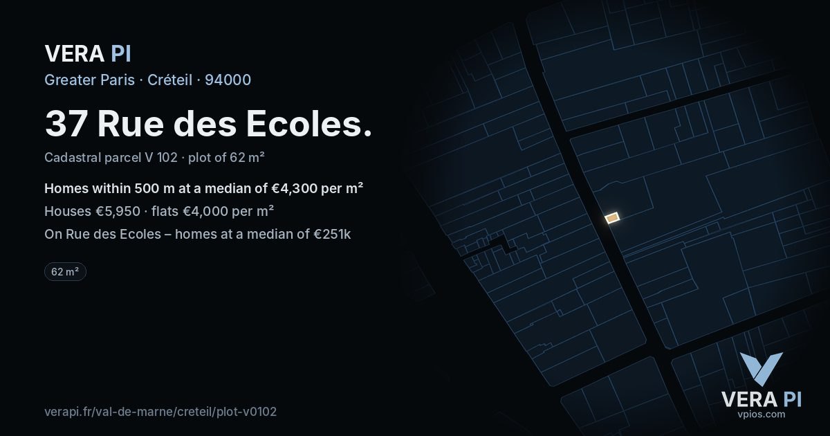 37 Rue des Ecoles, Créteil at night – the plot lit, the parcels around coloured by the prices near them