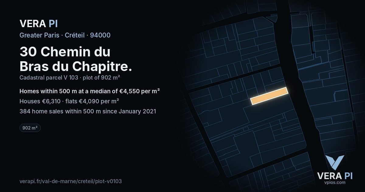 30 Chemin du Bras du Chapitre, Créteil at night – the plot lit, the parcels around coloured by the prices near them