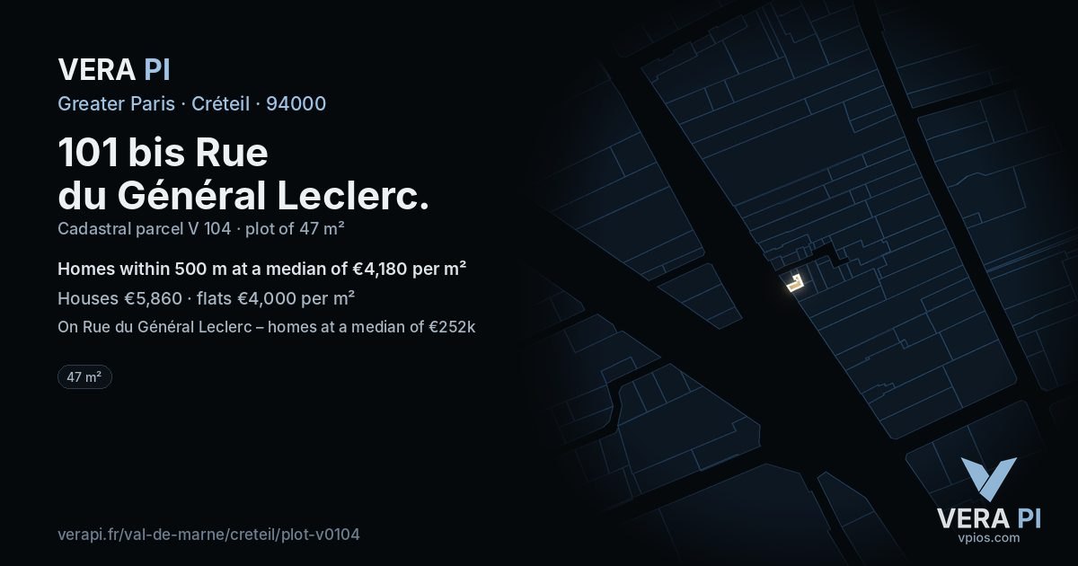 101 bis Rue du Général Leclerc, Créteil at night – the plot lit, the parcels around coloured by the prices near them
