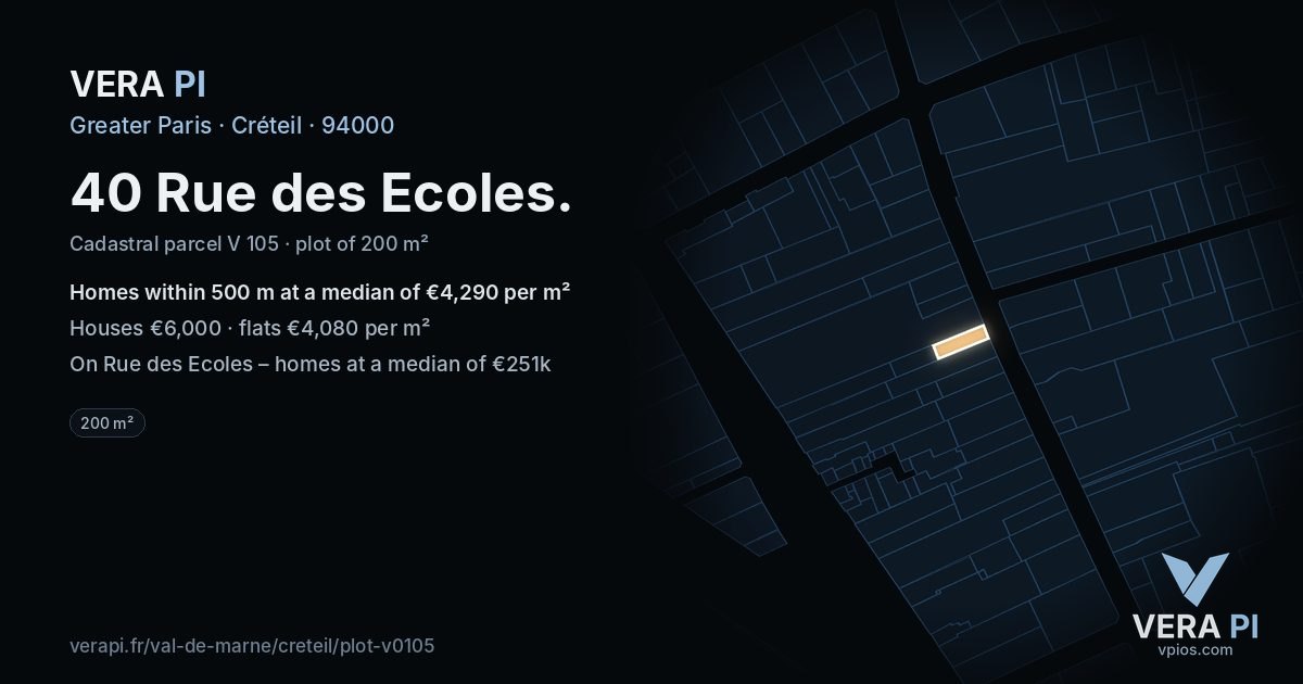 40 Rue des Ecoles, Créteil at night – the plot lit, the parcels around coloured by the prices near them