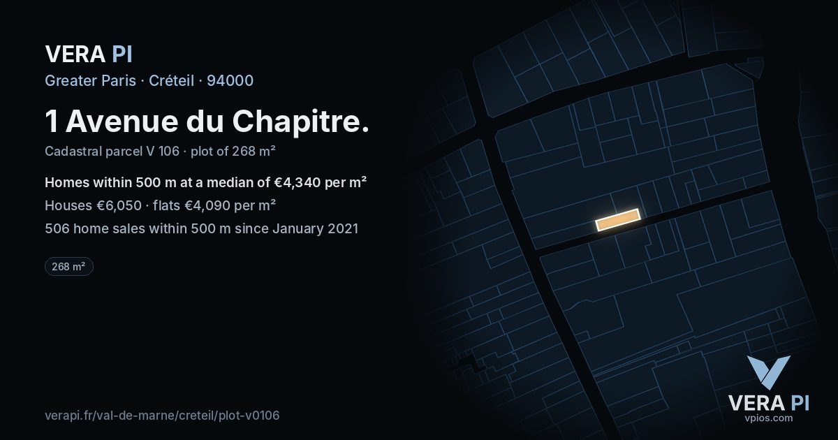 1 Avenue du Chapitre, Créteil at night – the plot lit, the parcels around coloured by the prices near them