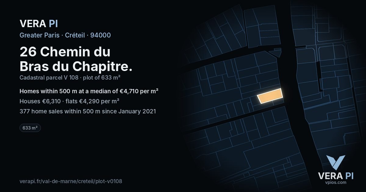 26 Chemin du Bras du Chapitre, Créteil at night – the plot lit, the parcels around coloured by the prices near them