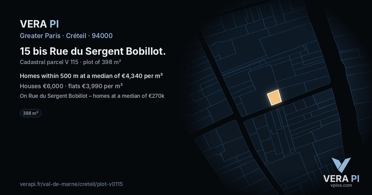 15 bis Rue du Sergent Bobillot, Créteil at night – the plot lit, the parcels around coloured by the prices near them