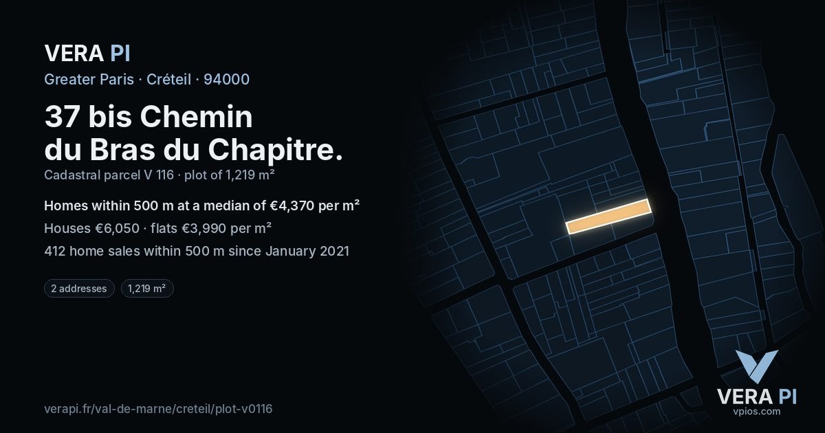 37 bis Chemin du Bras du Chapitre, Créteil at night – the plot lit, the parcels around coloured by the prices near them