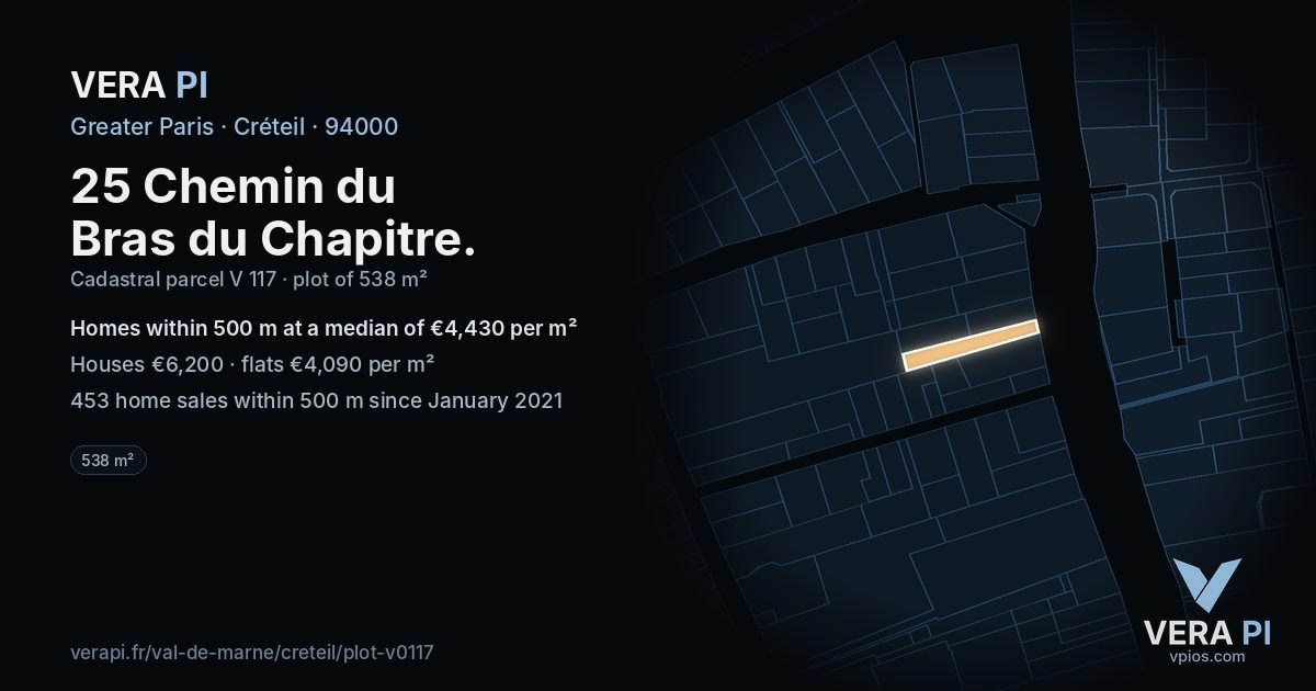25 Chemin du Bras du Chapitre, Créteil at night – the plot lit, the parcels around coloured by the prices near them