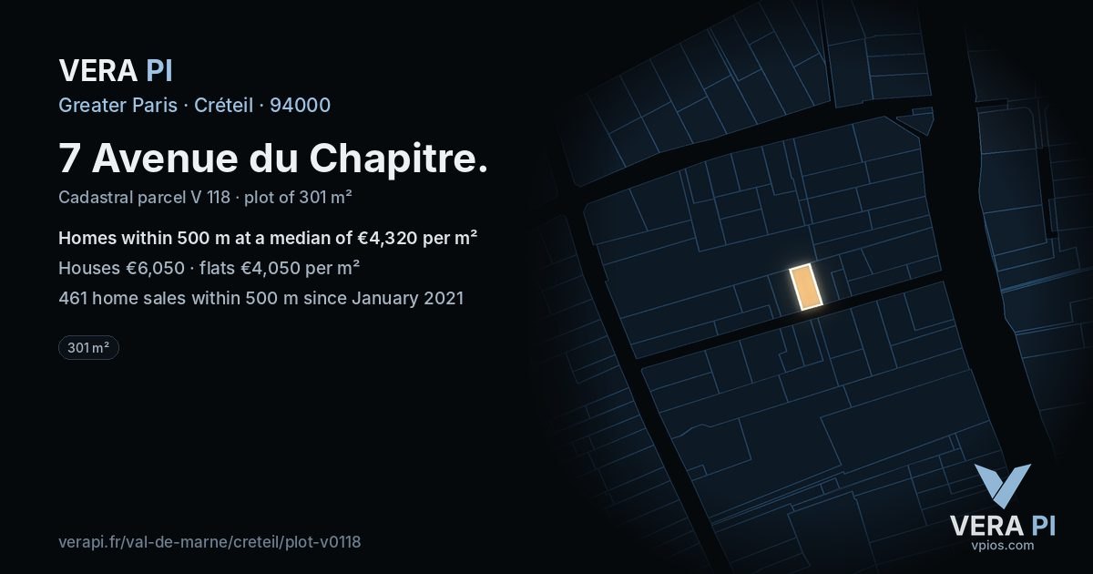 7 Avenue du Chapitre, Créteil at night – the plot lit, the parcels around coloured by the prices near them
