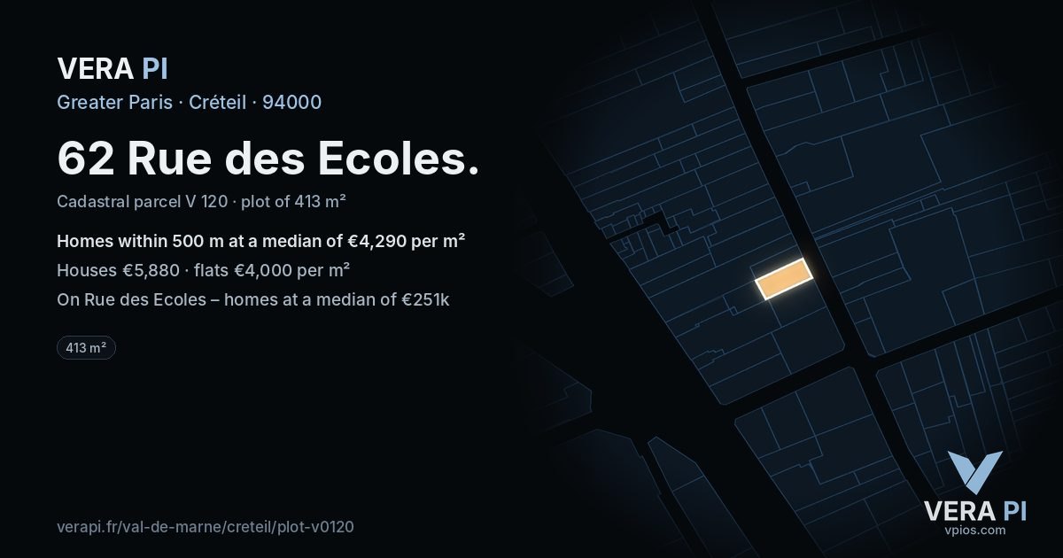 62 Rue des Ecoles, Créteil at night – the plot lit, the parcels around coloured by the prices near them