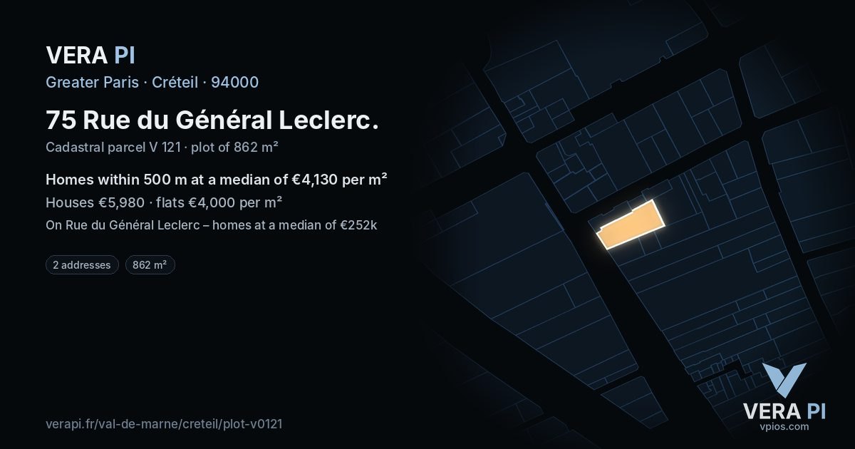 75 Rue du Général Leclerc, Créteil at night – the plot lit, the parcels around coloured by the prices near them