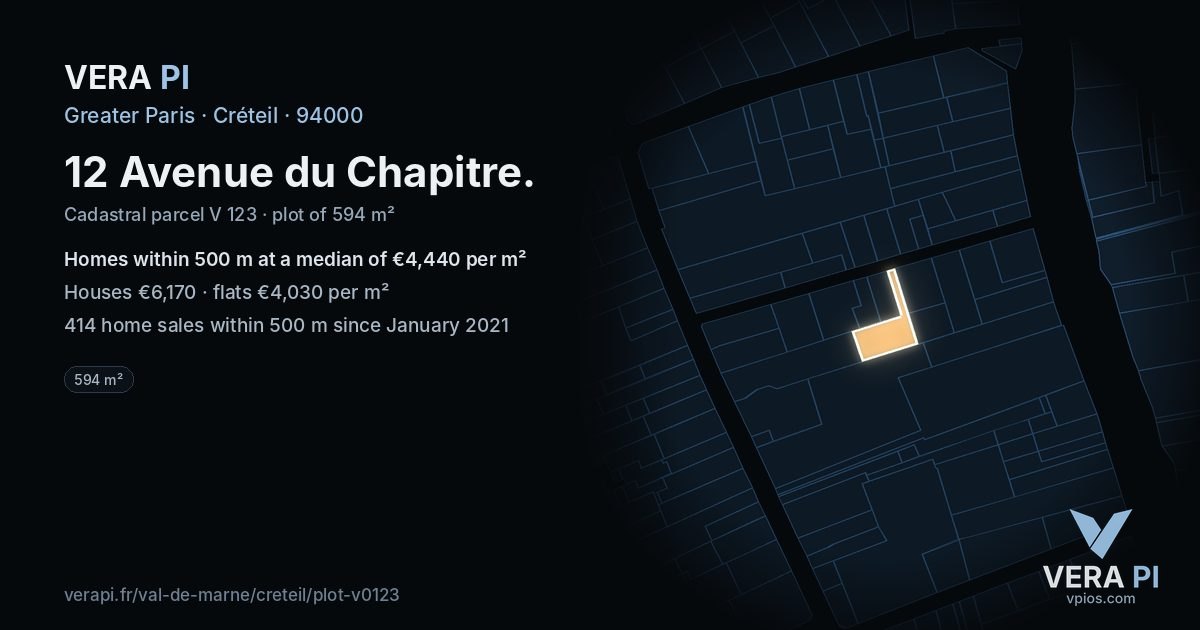 12 Avenue du Chapitre, Créteil at night – the plot lit, the parcels around coloured by the prices near them
