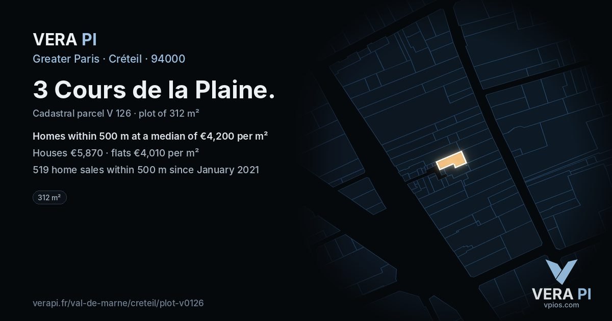3 Cours de la Plaine, Créteil at night – the plot lit, the parcels around coloured by the prices near them