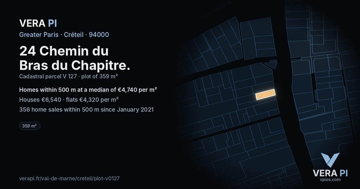 24 Chemin du Bras du Chapitre, Créteil at night – the plot lit, the parcels around coloured by the prices near them