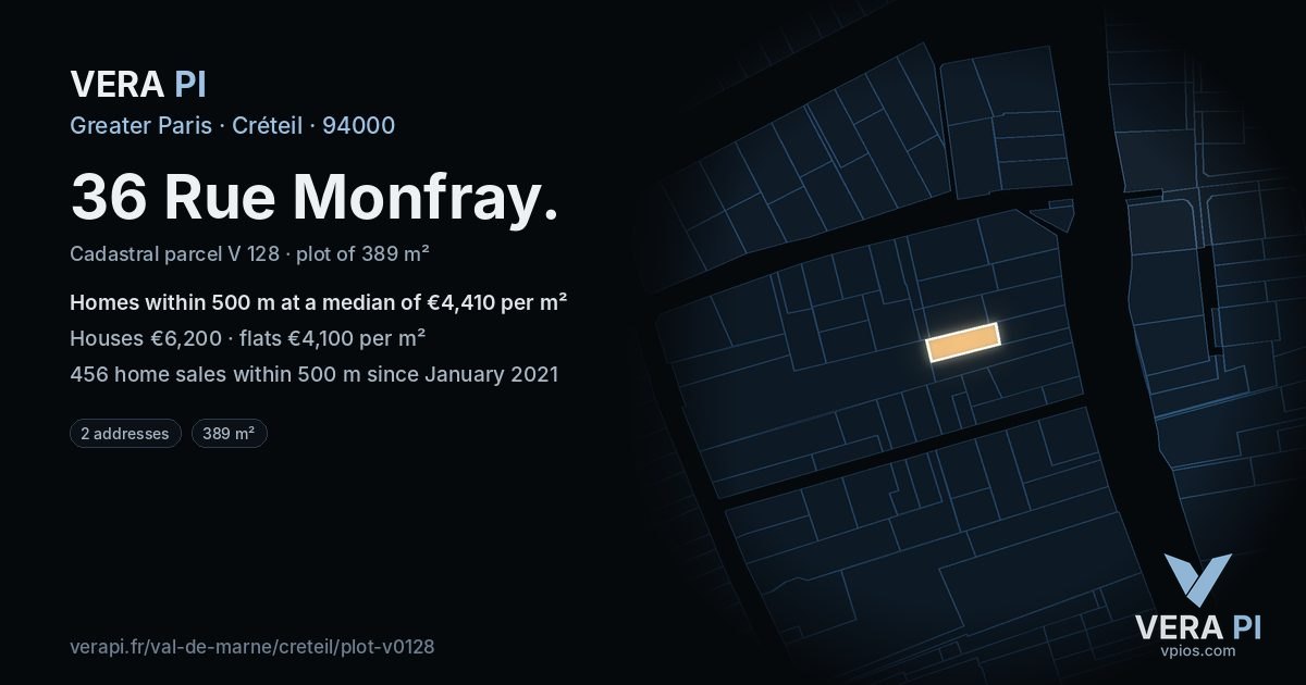 36 Rue Monfray, Créteil at night – the plot lit, the parcels around coloured by the prices near them