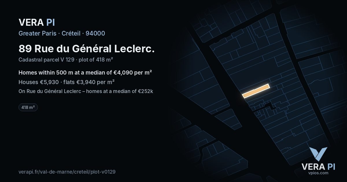 89 Rue du Général Leclerc, Créteil at night – the plot lit, the parcels around coloured by the prices near them