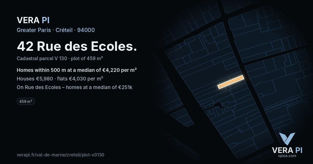 42 Rue des Ecoles, Créteil at night – the plot lit, the parcels around coloured by the prices near them