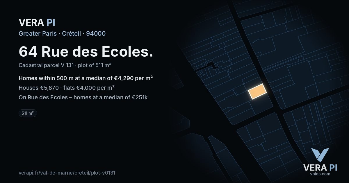 64 Rue des Ecoles, Créteil at night – the plot lit, the parcels around coloured by the prices near them