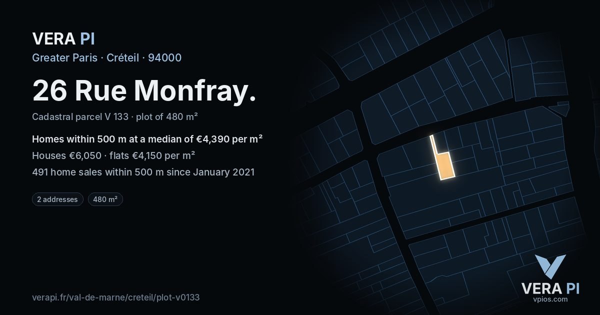 26 Rue Monfray, Créteil at night – the plot lit, the parcels around coloured by the prices near them