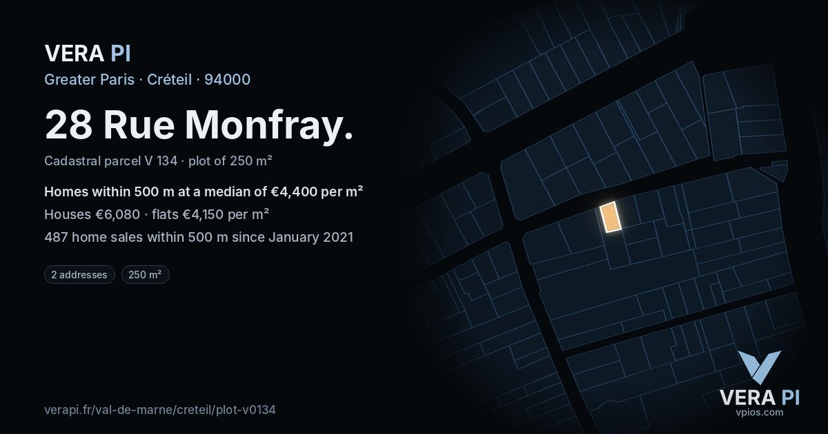 28 Rue Monfray, Créteil at night – the plot lit, the parcels around coloured by the prices near them
