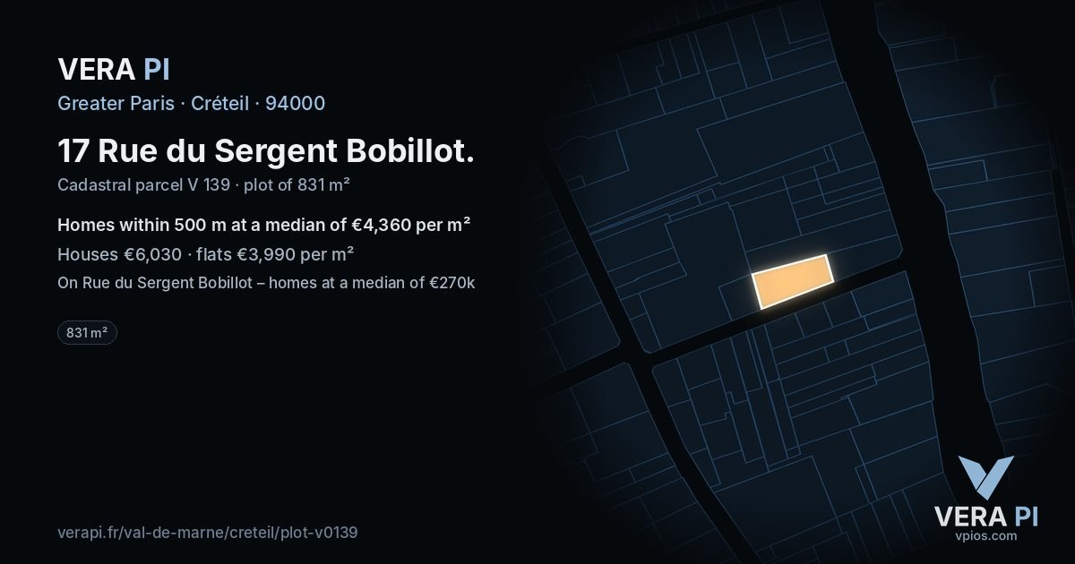 17 Rue du Sergent Bobillot, Créteil at night – the plot lit, the parcels around coloured by the prices near them