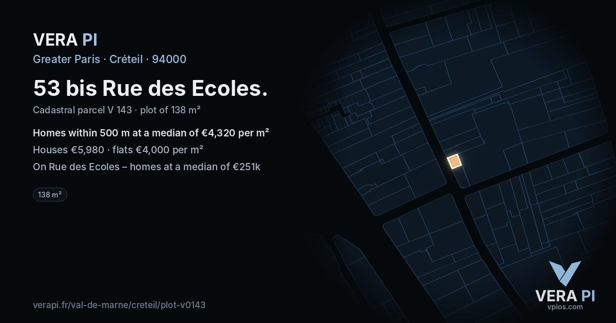 53 bis Rue des Ecoles, Créteil at night – the plot lit, the parcels around coloured by the prices near them