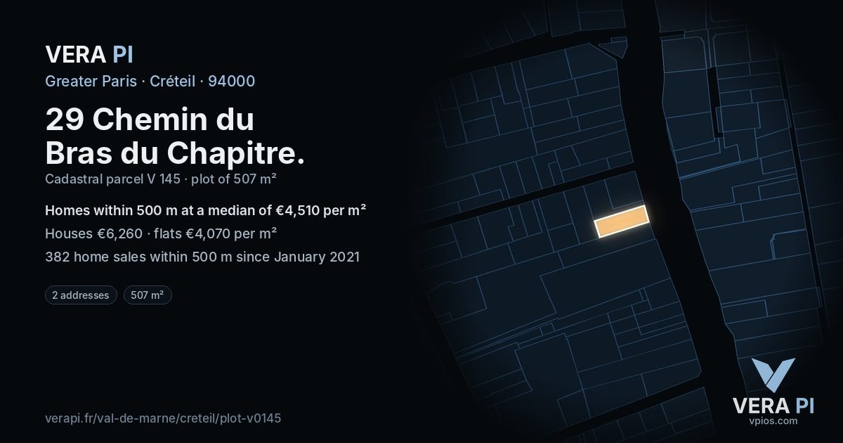 29 Chemin du Bras du Chapitre, Créteil at night – the plot lit, the parcels around coloured by the prices near them
