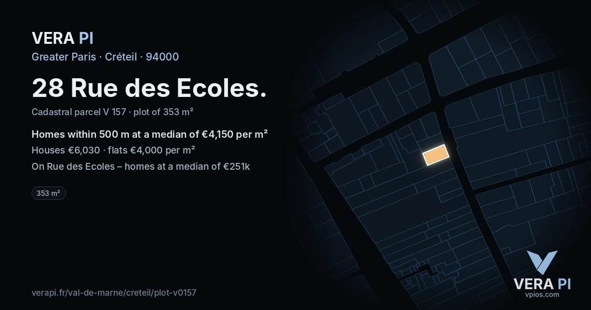 28 Rue des Ecoles, Créteil at night – the plot lit, the parcels around coloured by the prices near them