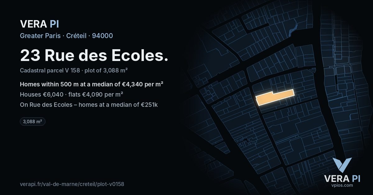 23 Rue des Ecoles, Créteil at night – the plot lit, the parcels around coloured by the prices near them