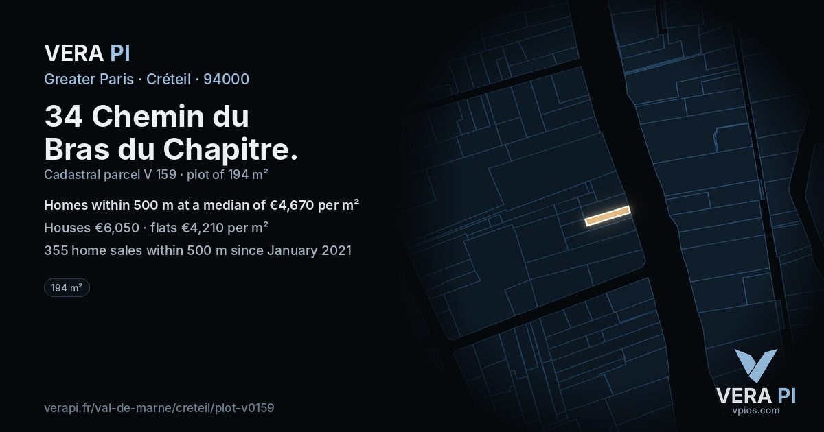 34 Chemin du Bras du Chapitre, Créteil at night – the plot lit, the parcels around coloured by the prices near them