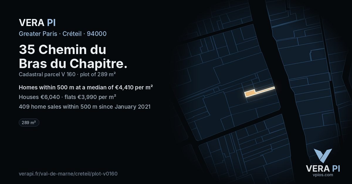 35 Chemin du Bras du Chapitre, Créteil at night – the plot lit, the parcels around coloured by the prices near them