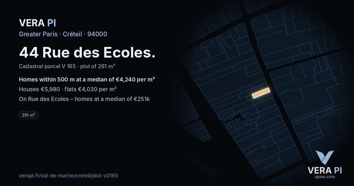 44 Rue des Ecoles, Créteil at night – the plot lit, the parcels around coloured by the prices near them