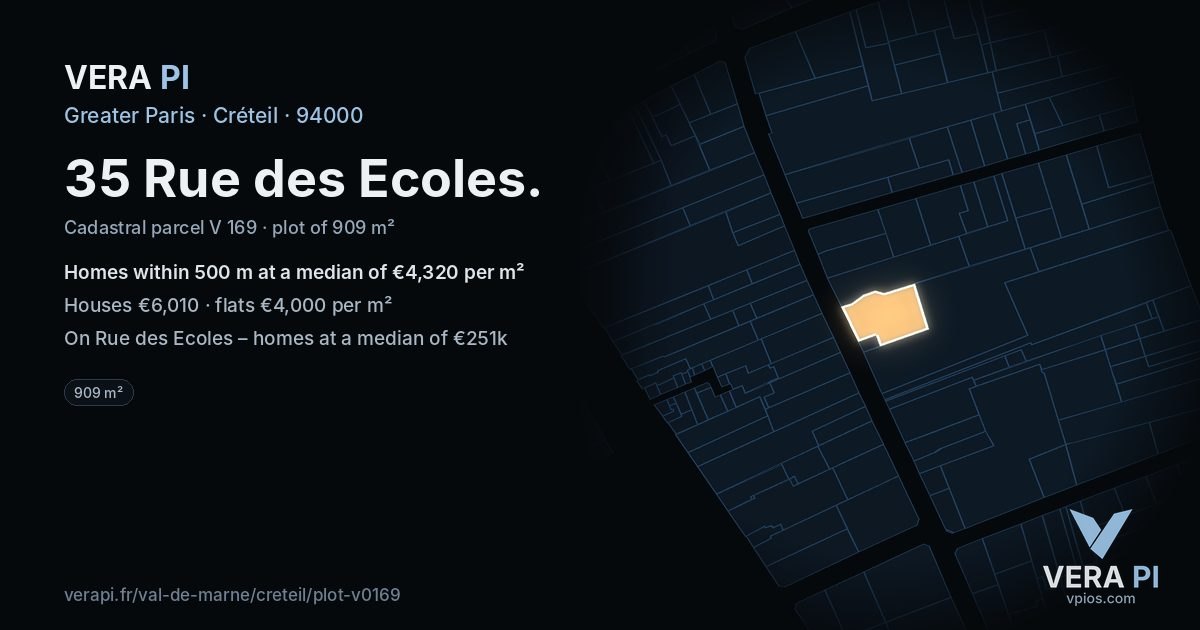 35 Rue des Ecoles, Créteil at night – the plot lit, the parcels around coloured by the prices near them