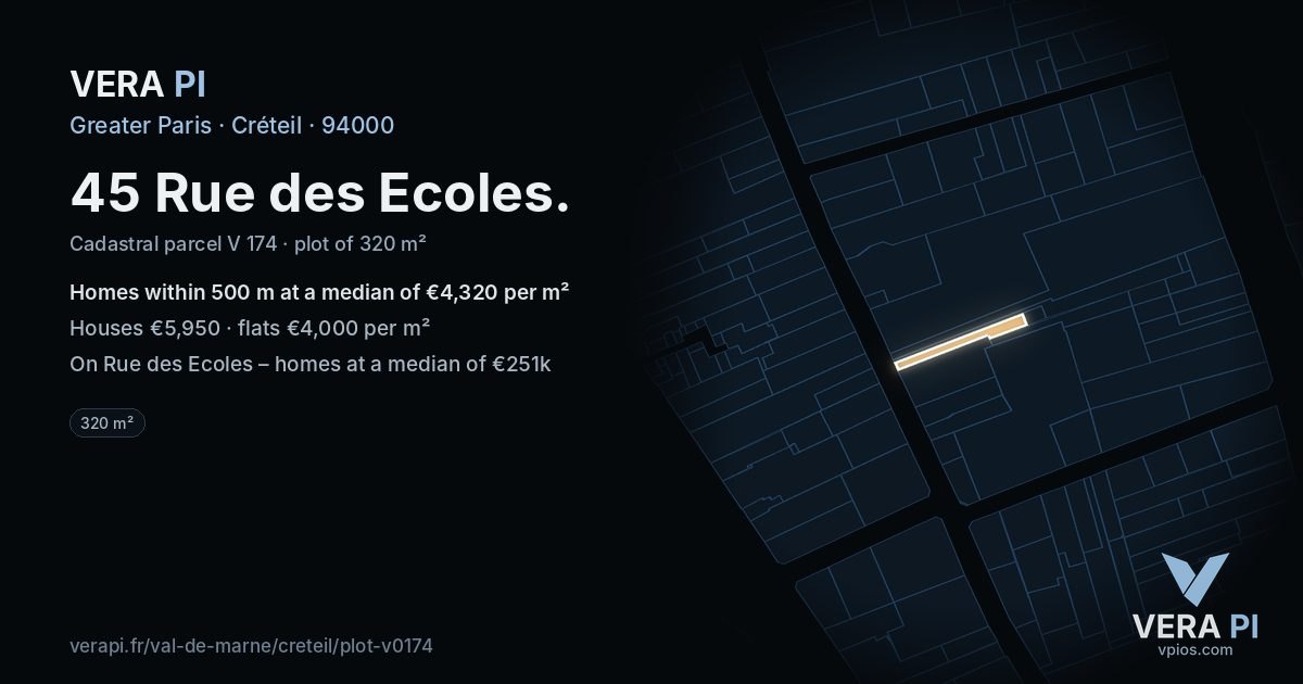 45 Rue des Ecoles, Créteil at night – the plot lit, the parcels around coloured by the prices near them