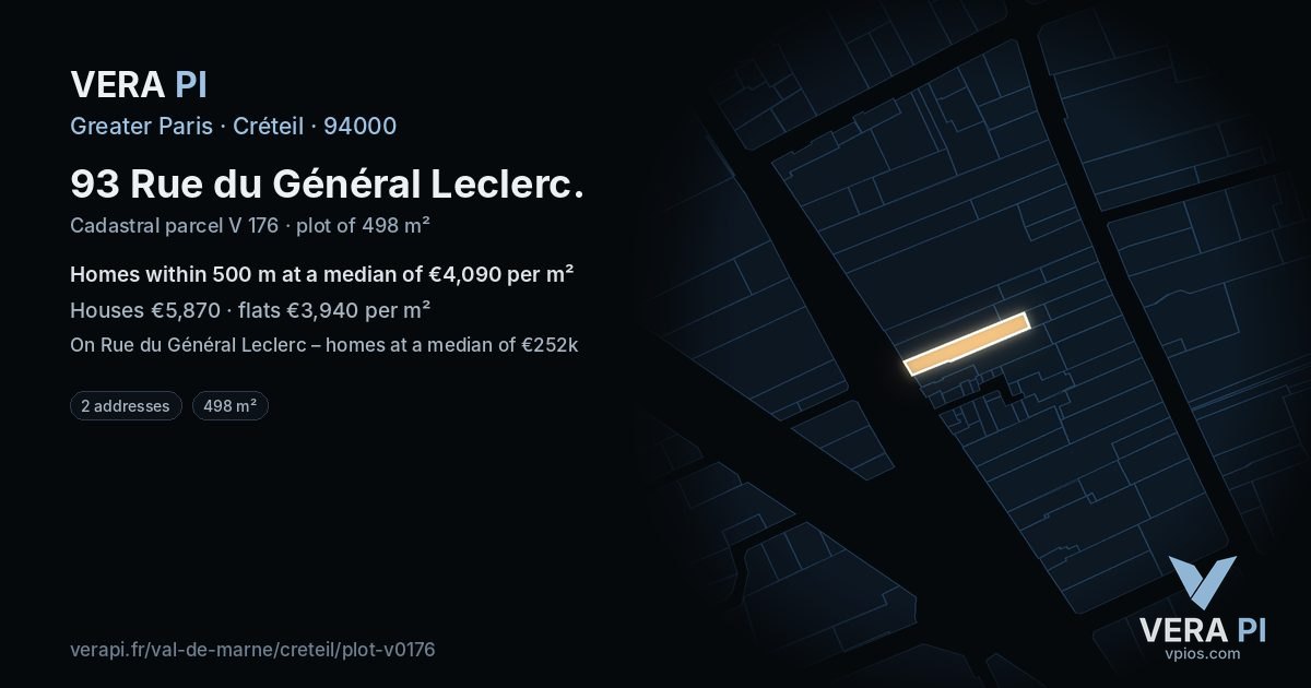 93 Rue du Général Leclerc, Créteil at night – the plot lit, the parcels around coloured by the prices near them