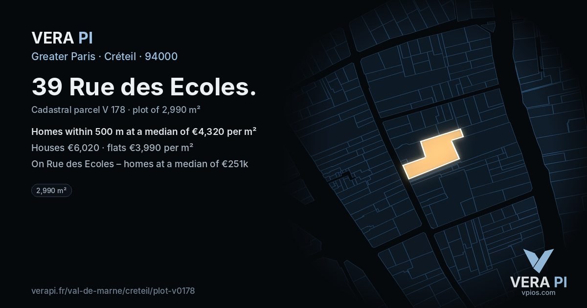 39 Rue des Ecoles, Créteil at night – the plot lit, the parcels around coloured by the prices near them