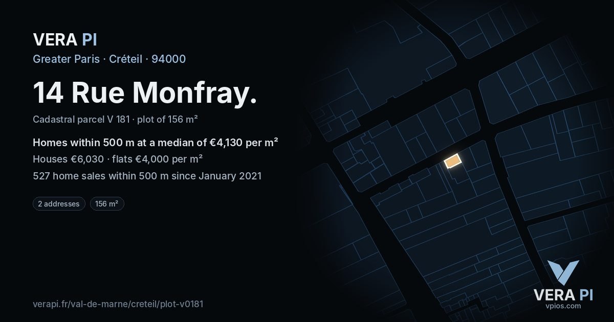 14 Rue Monfray, Créteil at night – the plot lit, the parcels around coloured by the prices near them