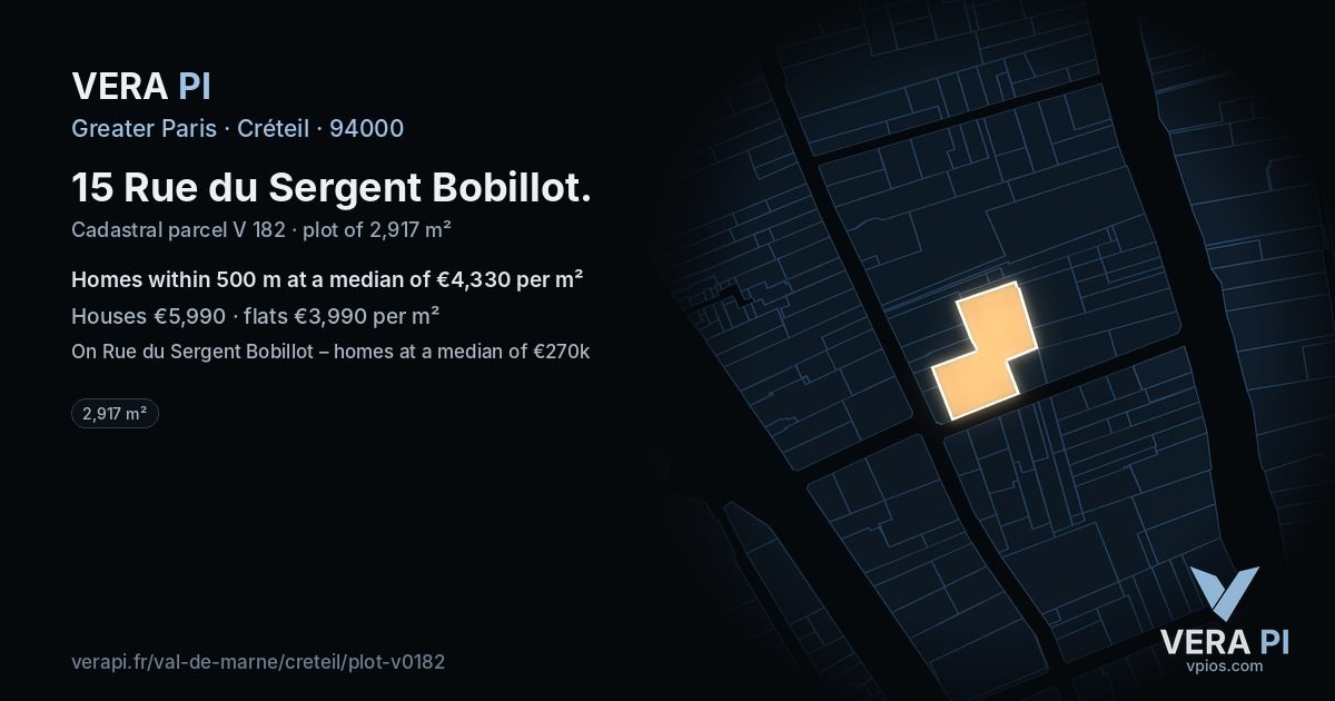 15 Rue du Sergent Bobillot, Créteil at night – the plot lit, the parcels around coloured by the prices near them