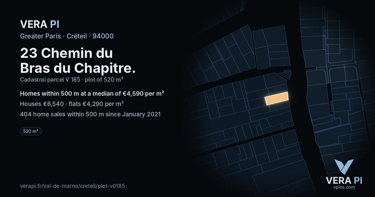 23 Chemin du Bras du Chapitre, Créteil at night – the plot lit, the parcels around coloured by the prices near them