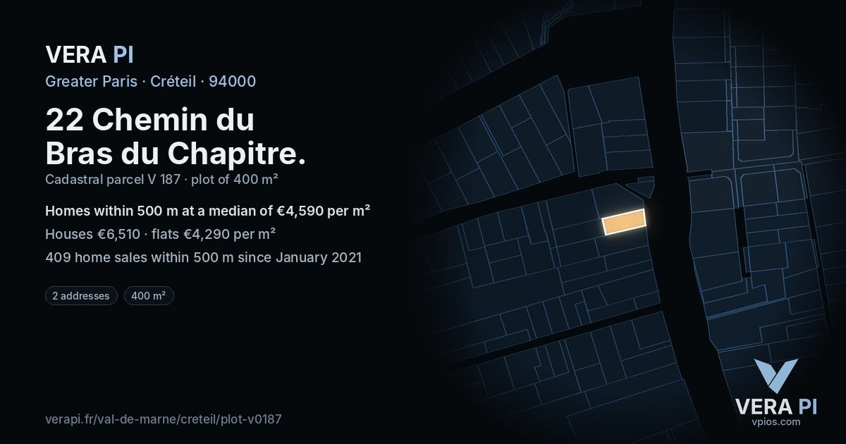22 Chemin du Bras du Chapitre, Créteil at night – the plot lit, the parcels around coloured by the prices near them