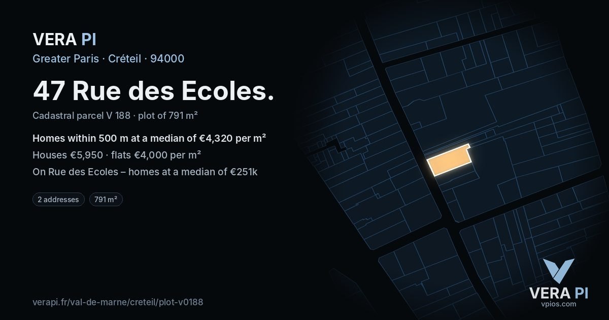 47 Rue des Ecoles, Créteil at night – the plot lit, the parcels around coloured by the prices near them