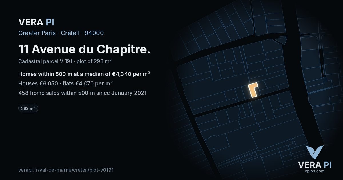 11 Avenue du Chapitre, Créteil at night – the plot lit, the parcels around coloured by the prices near them