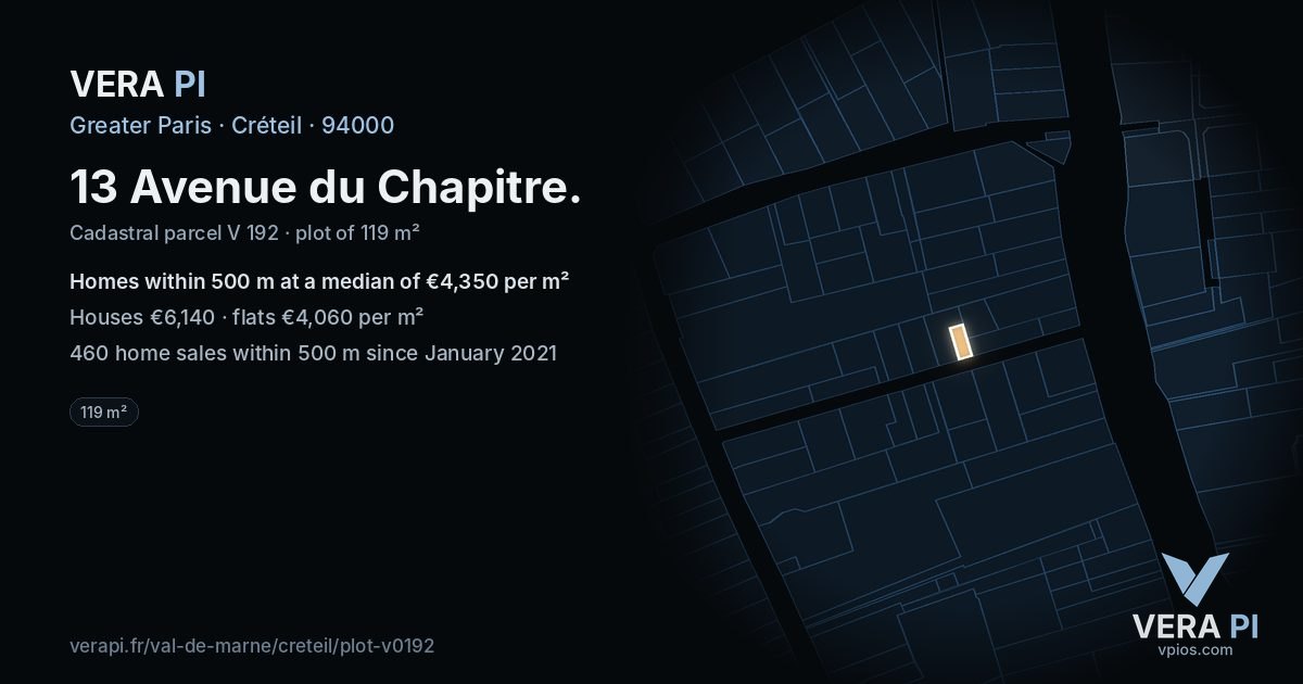 13 Avenue du Chapitre, Créteil at night – the plot lit, the parcels around coloured by the prices near them