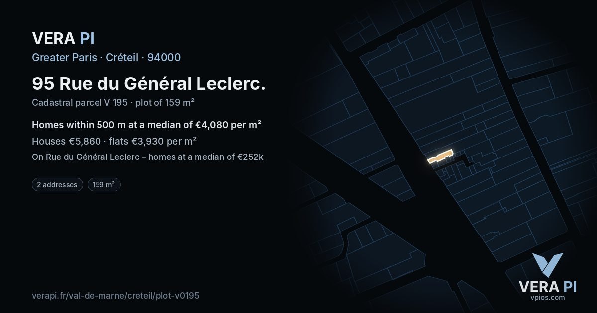 95 Rue du Général Leclerc, Créteil at night – the plot lit, the parcels around coloured by the prices near them