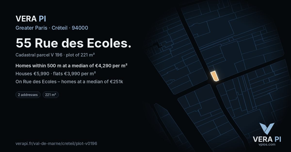 55 Rue des Ecoles, Créteil at night – the plot lit, the parcels around coloured by the prices near them