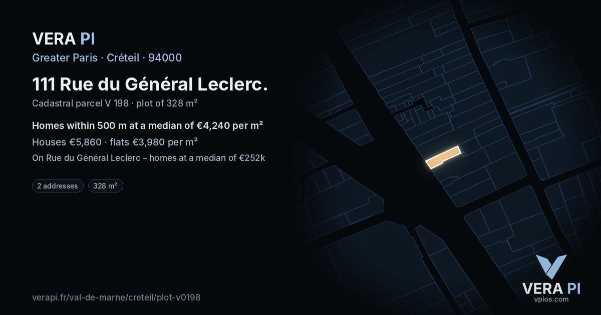111 Rue du Général Leclerc, Créteil at night – the plot lit, the parcels around coloured by the prices near them