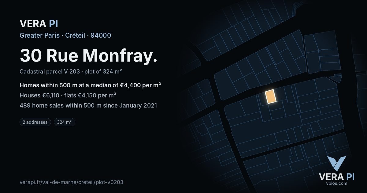 30 Rue Monfray, Créteil at night – the plot lit, the parcels around coloured by the prices near them