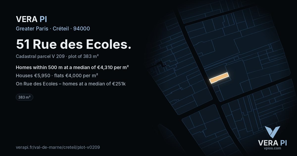 51 Rue des Ecoles, Créteil at night – the plot lit, the parcels around coloured by the prices near them