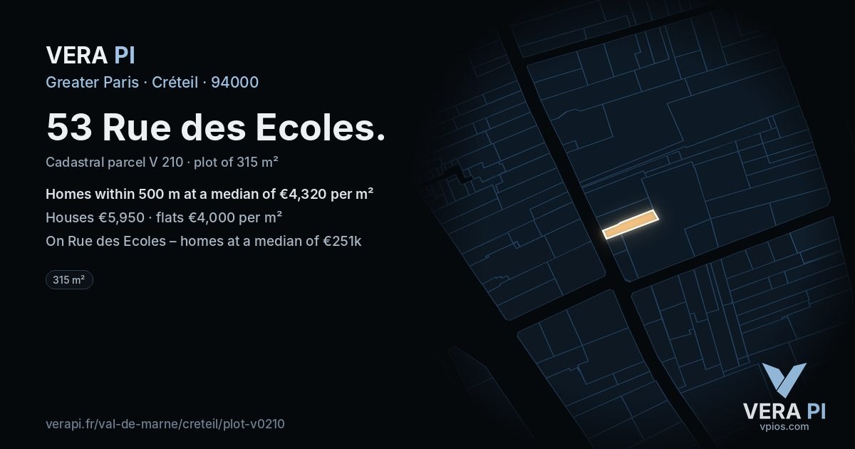 53 Rue des Ecoles, Créteil at night – the plot lit, the parcels around coloured by the prices near them
