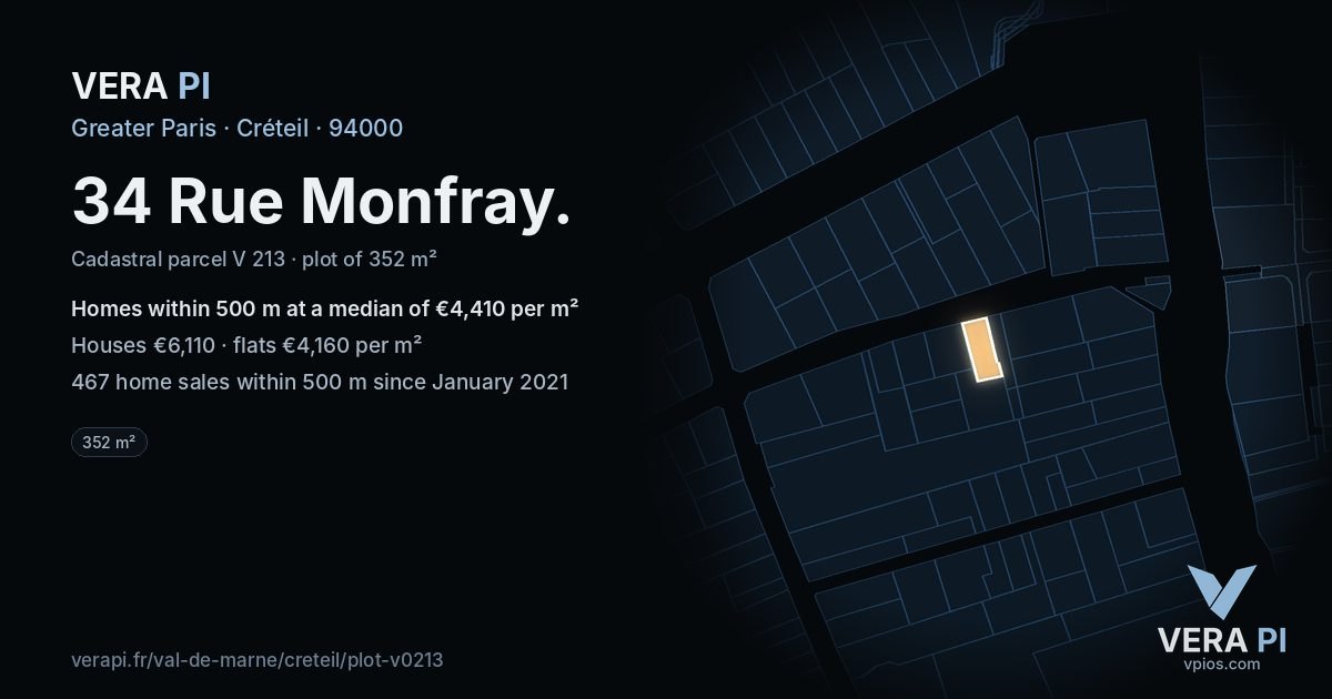 34 Rue Monfray, Créteil at night – the plot lit, the parcels around coloured by the prices near them