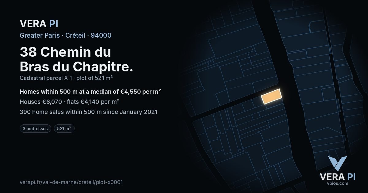 38 Chemin du Bras du Chapitre, Créteil at night – the plot lit, the parcels around coloured by the prices near them