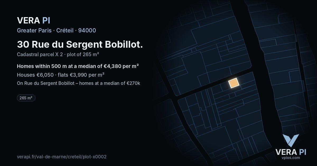 30 Rue du Sergent Bobillot, Créteil at night – the plot lit, the parcels around coloured by the prices near them