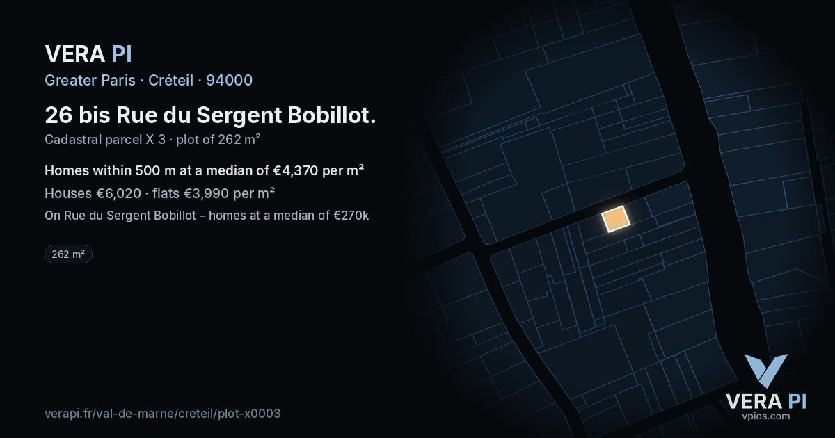 26 bis Rue du Sergent Bobillot, Créteil at night – the plot lit, the parcels around coloured by the prices near them